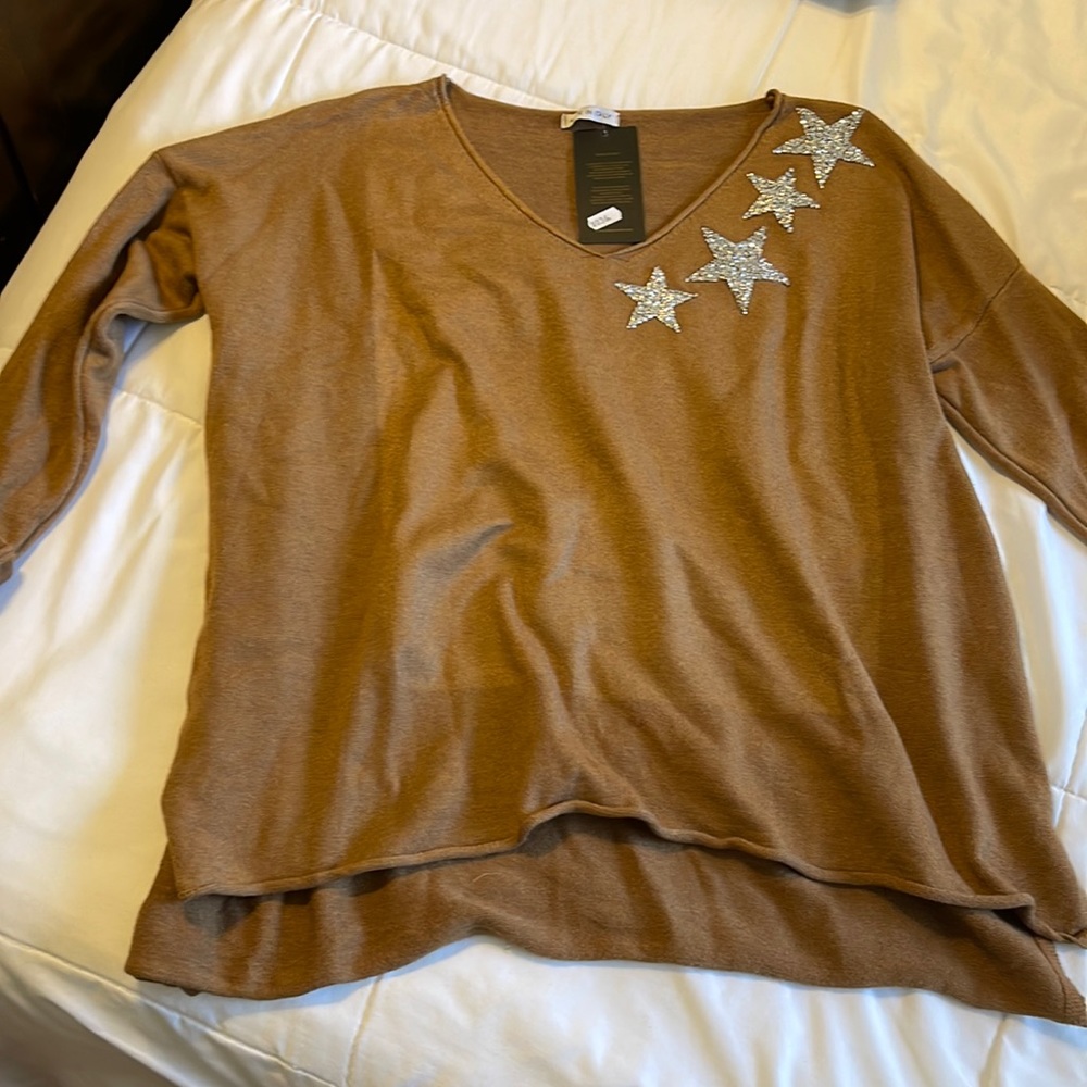 Camel color star embellished top